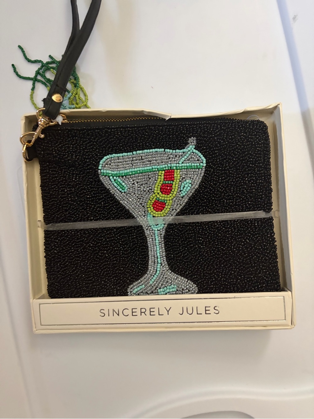 Sincerely Jules Black Beaded Wristlet with Turquoise, Red & Yellow Martini